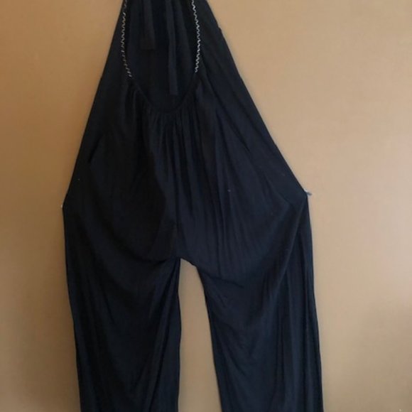 TOPSHOP BLACK HALTER TIE NECK JUMPSUIT W/Beading M - Picture 2 of 3
